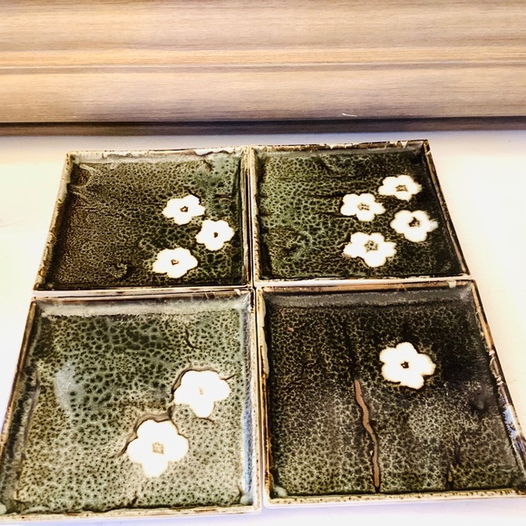 Set of 4 Vintage Wony Ltd. Stoneware Small Square Sushi Plates Gray Floral Japan